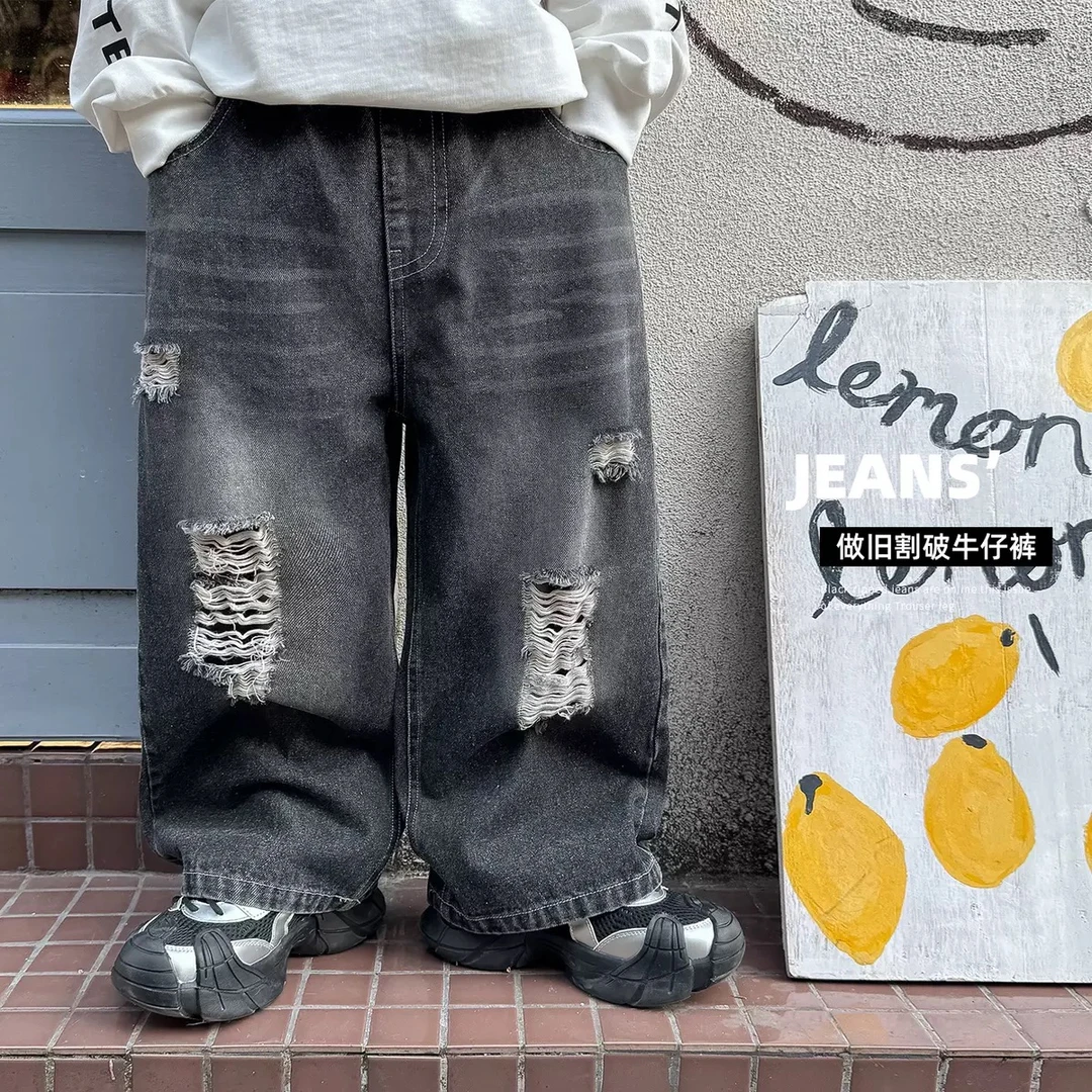 麦哟哟儿童春款牛仔裤直筒休闲百搭宽松破洞韩版做旧潮流高街复古