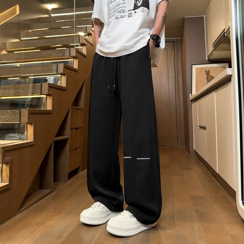 夏季薄款冰丝裤子男垂感美式潮牌弯刀休闲裤速干宽松直筒阔腿长裤