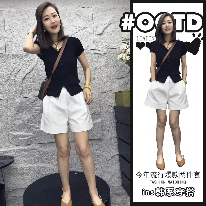欧货穿搭套装女港味别致修身辣妹短袖上衣搭配高腰休闲阔腿短裤潮