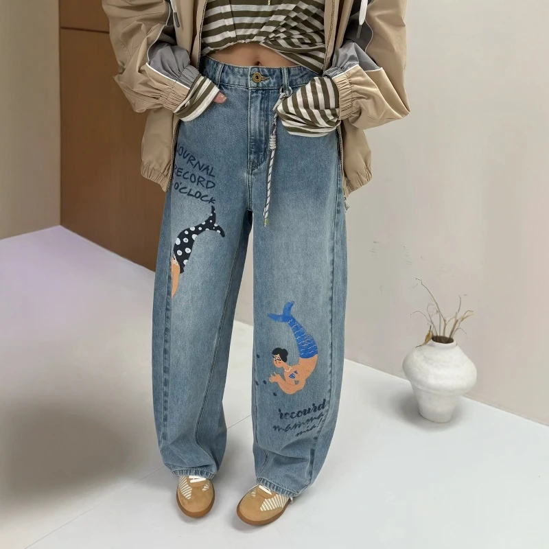 【J/R美人鱼牛仔长裤】2025春夏新款涂鸦牛仔裤女宽松直筒裤长裤