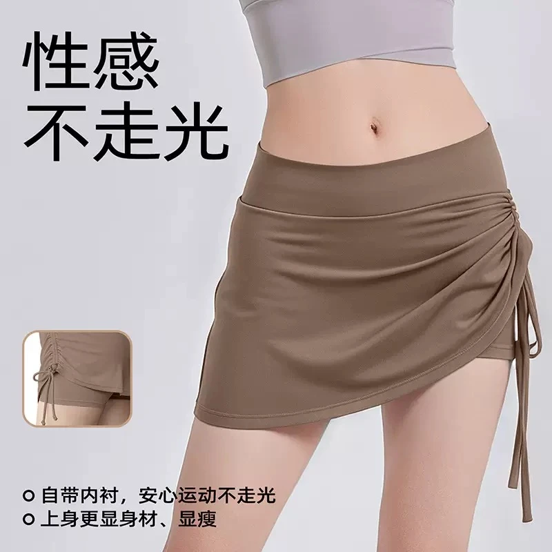 夏季新款抽皱运动短裙健身装备女防走光跑步假两件瑜伽半身裙