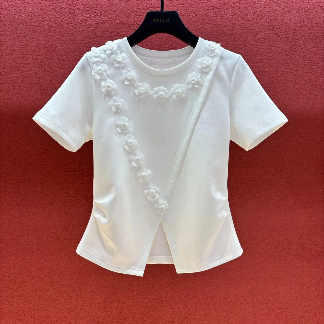 【桃之夭夭】25年春夏新款收腰女士时尚白色小花朵休闲短袖T恤