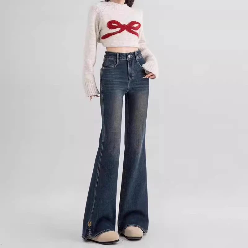 高腰开叉微喇牛仔裤女弹力显瘦大码女装百搭秋季水洗时尚裤子