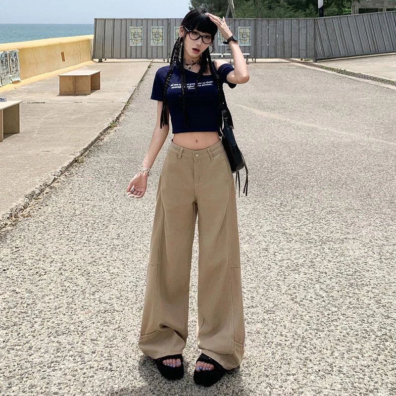 卡其色复古弯刀牛仔裤女2025新款夏季宽松拖地休闲直筒美式阔腿裤