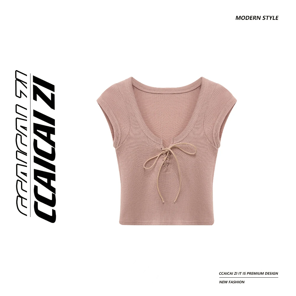 【心动甜心】绑带华夫格U领坎肩短款上衣