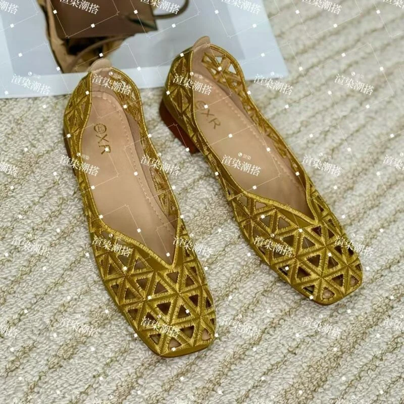 【渲渲推荐】XR-6-23夏季方头百搭舒适软底镂空透气低跟浅口单鞋