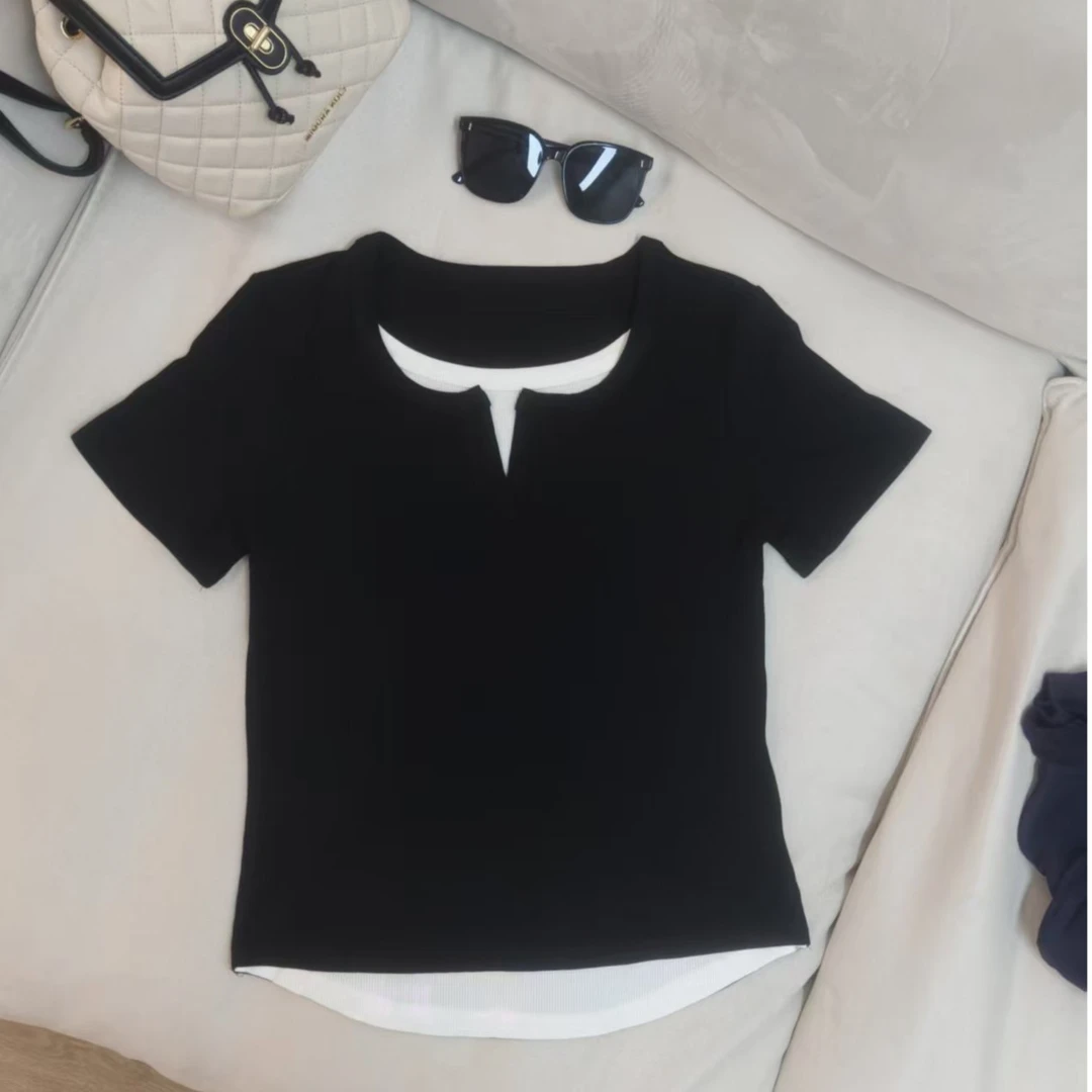 2025夏季新款时尚百搭假两件V领内搭修身针织衫女上衣-25182