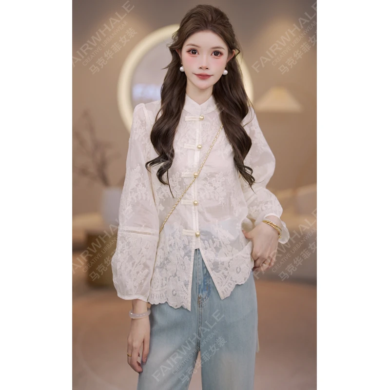 马克华菲女装2025秋季蕾丝新中式重工圆领长袖气质上衣休闲小衫 X