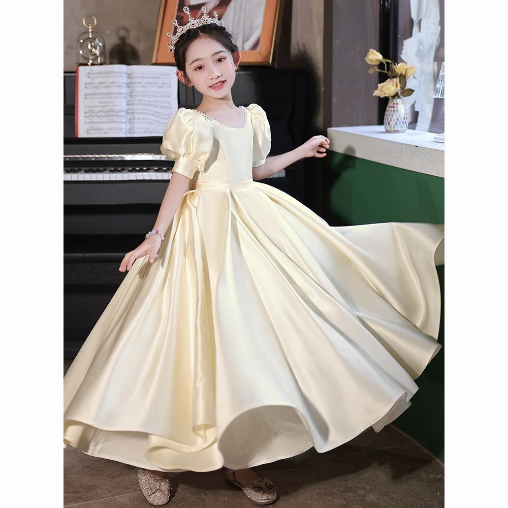 儿童礼服生日公主裙缎面花童小女孩高端高级感女童钢琴演出服夏季