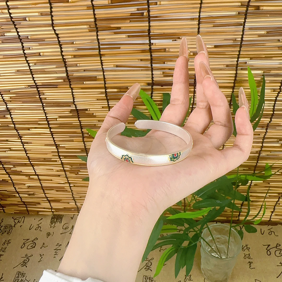 足银手镯 足银999.9 【宝相花】珐琅彩宝 吉祥如意开口手镯