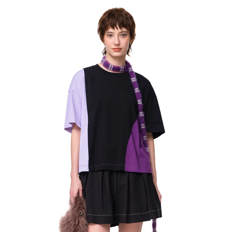 MOVEUP幻走2025夏季新款.FUN 圆领三色拼接短款T恤女3EWX10560