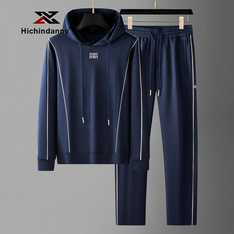 HICHIN连帽卫衣休闲运动套装男士春秋时尚撞色线条拼接长袖两件套