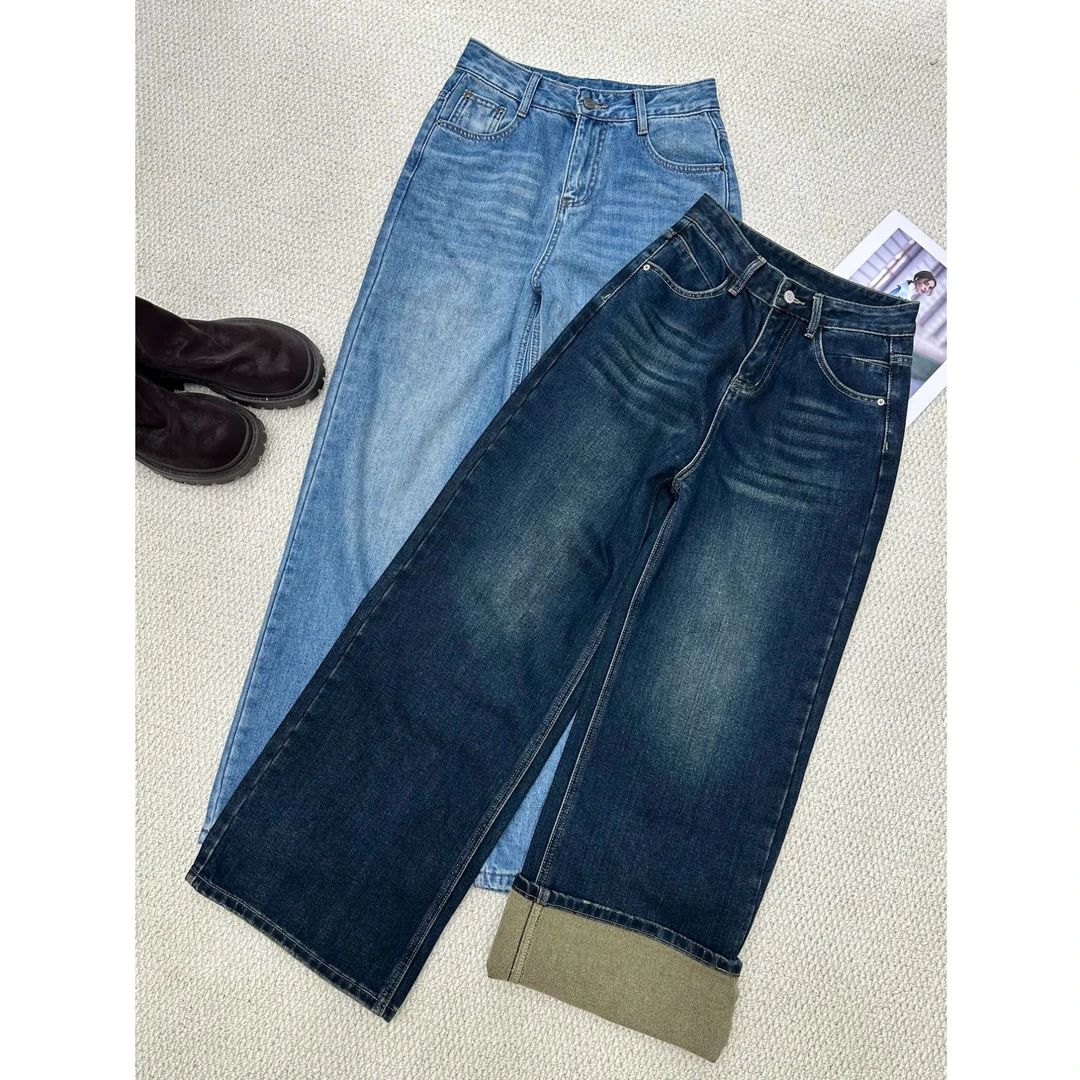 蓝色复古水洗做旧牛仔裤直筒裤女秋季高腰宽松休闲裤阔腿裤长裤子