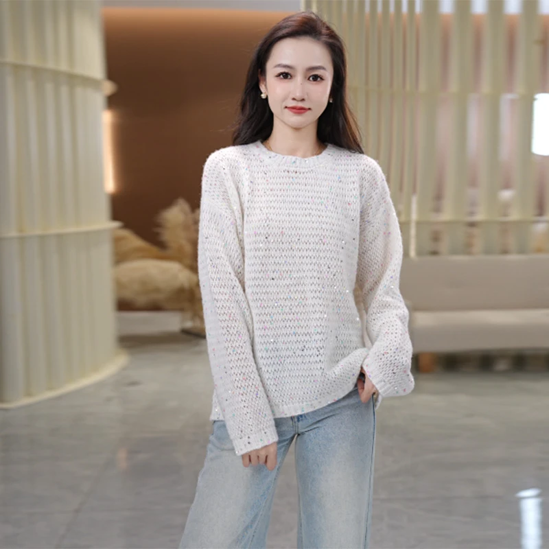 山羊绒-法式时尚设计全身彩色珠片洋气套头羊绒衫251219-1