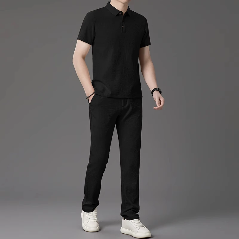 高级感男装冰丝速干凉感休闲运动套装夏季薄款短袖polo衫男长裤子
