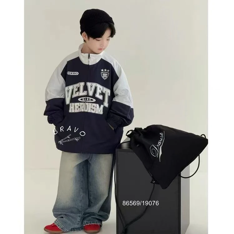 美式秋款藏青拼接外套