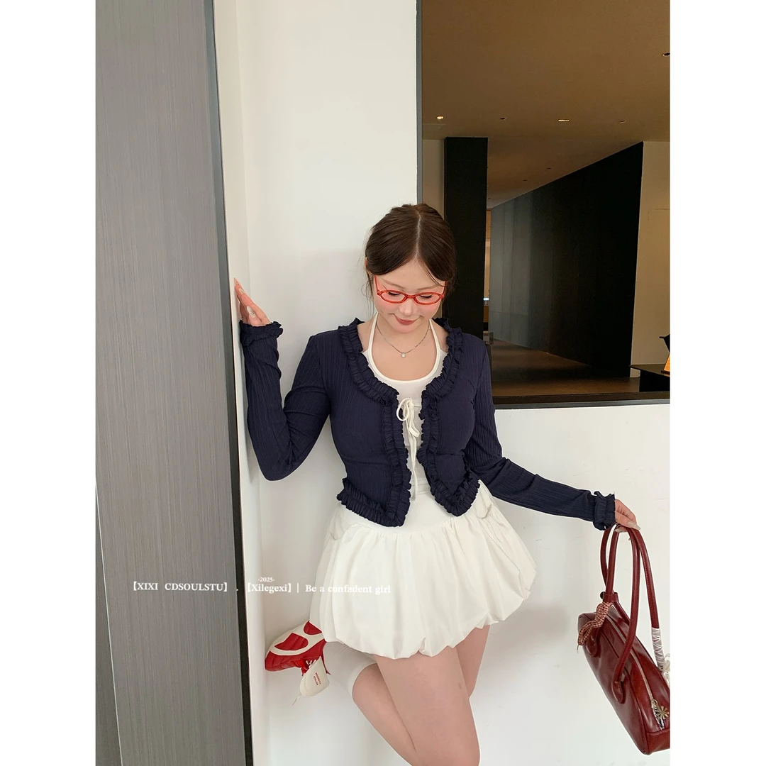 CD.soul【墨尔本日记】微胖大码套装甜酷木耳边假两件上衣花苞裙