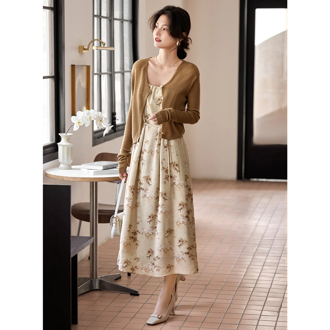 【直播】2025秋季针织开衫加中式吊带连衣裙套装两件套女5129