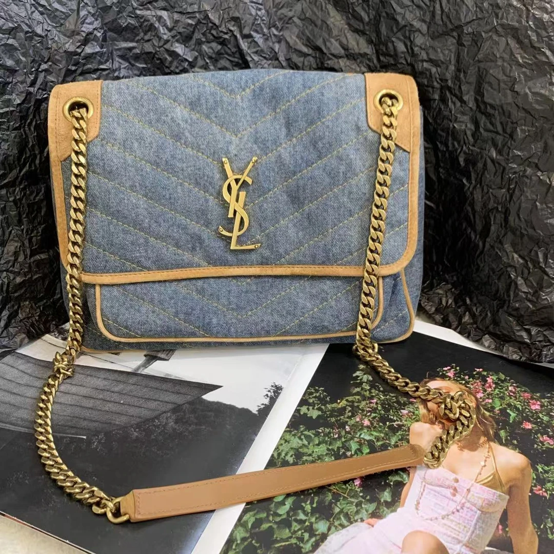 99新 YSL/圣罗兰 壹臻/牛仔拼麂皮niki中号单肩包/ 32309489