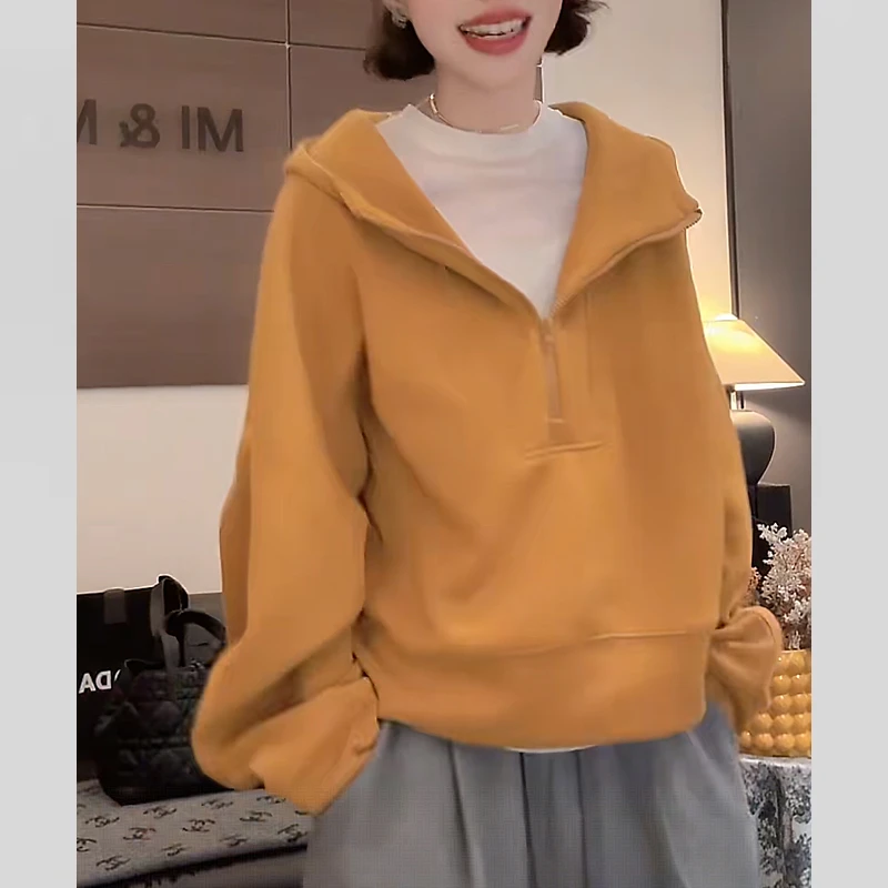 2026早秋穿搭新款休闲风半拉链连帽宽松慵懒风女士百搭卫衣舒适