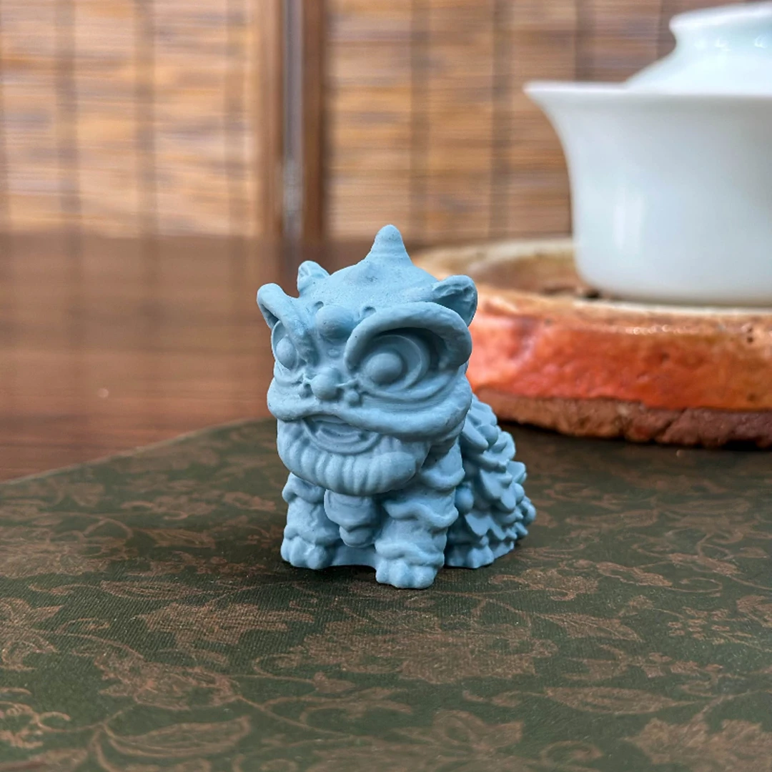 潮玩陶瓷舞狮无釉蓝小摆件陶瓷礼品国潮艺术工艺