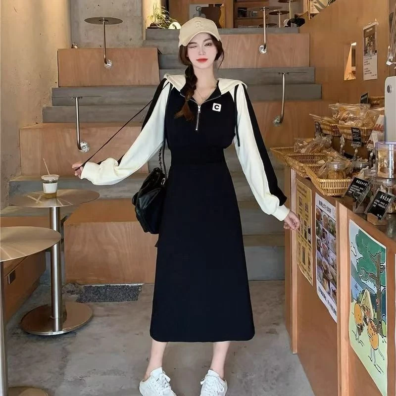 休闲连衣裙春季新款高级感连帽卫衣裙遮肚显瘦长裙子1592