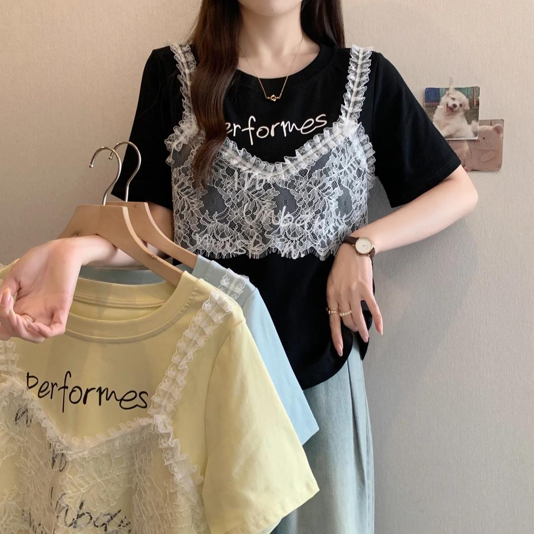 2025春夏新款女装蕾丝吊带背心假两件短袖T恤甜酷潮春游出行衣服