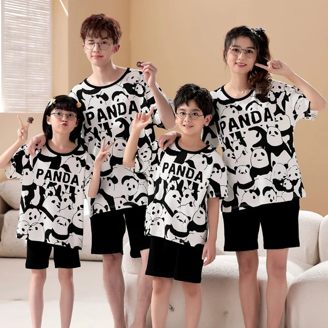 新款亲子睡衣一家三口装夏季纯棉短袖薄款母女母子黑色家居服套装
