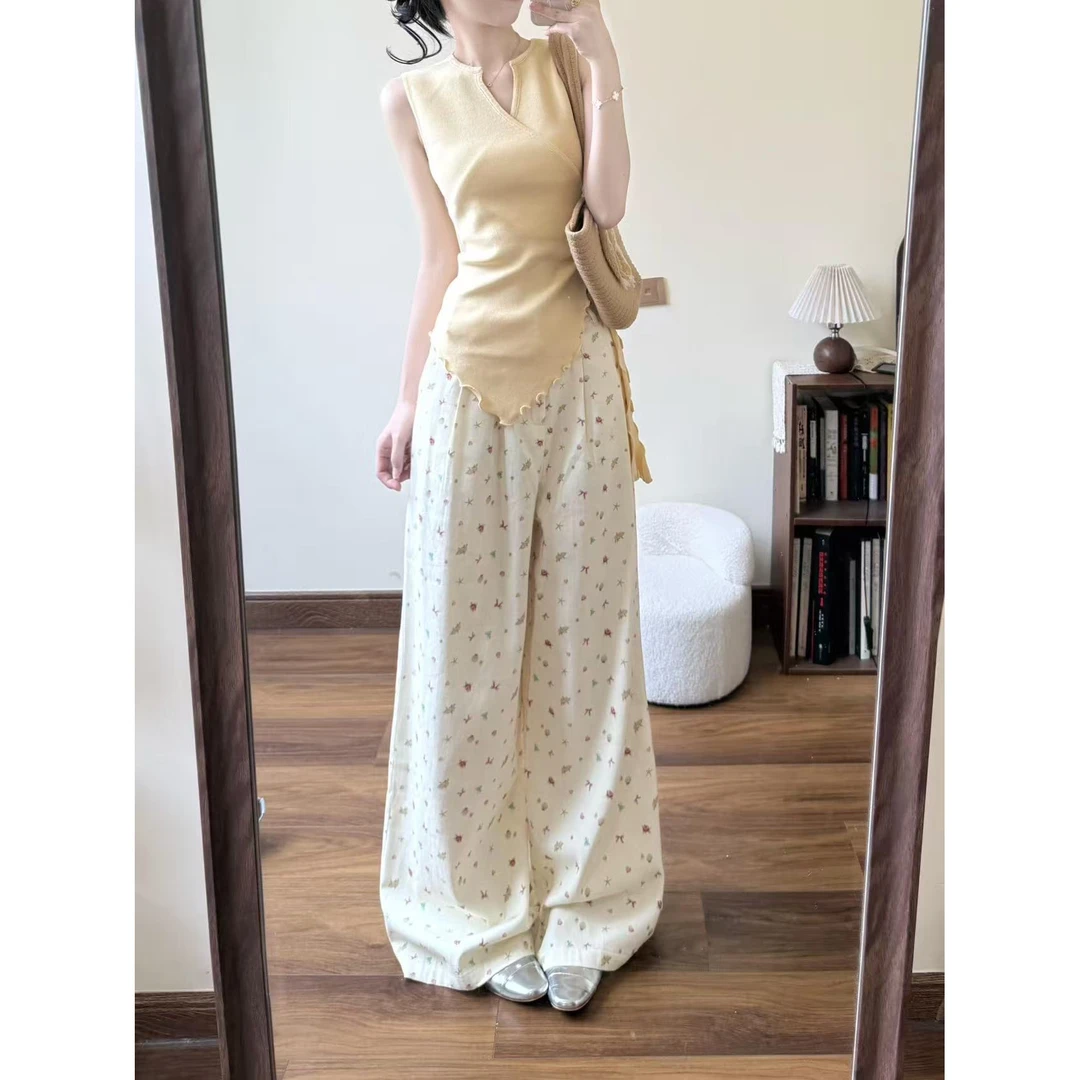 V领不规则开叉修身显瘦上衣蝴蝶结碎花休闲裤2025夏季新款套装女