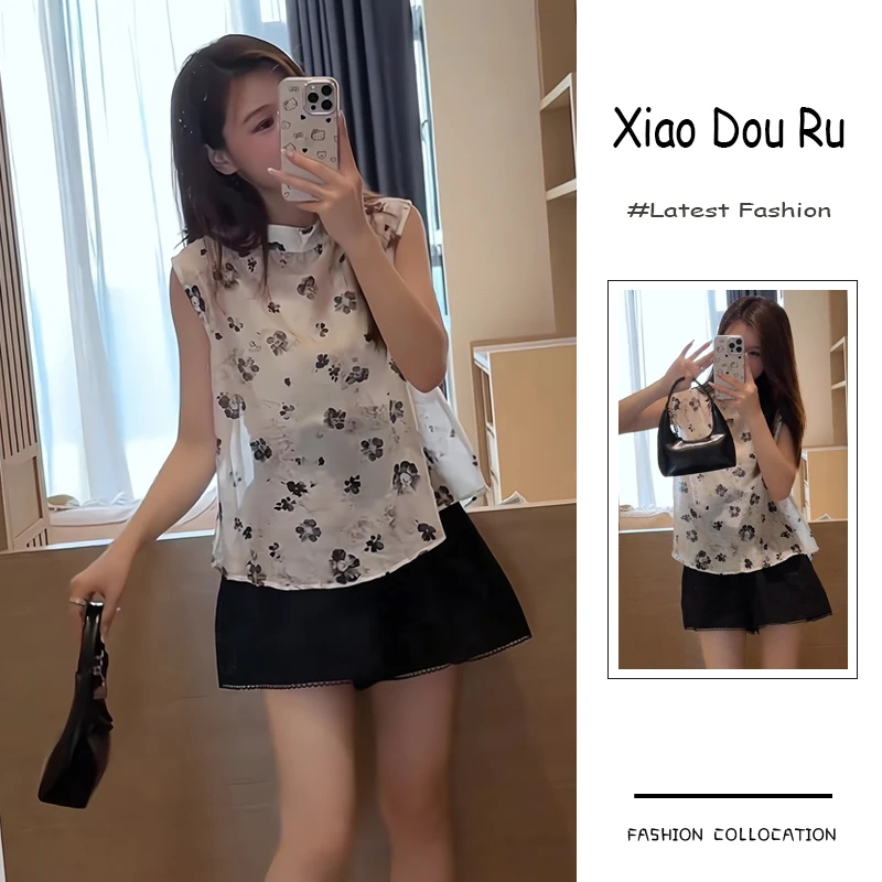 夏季流行穿搭一套新款2025新中式水墨碎花无袖上衣休闲短裤两件套