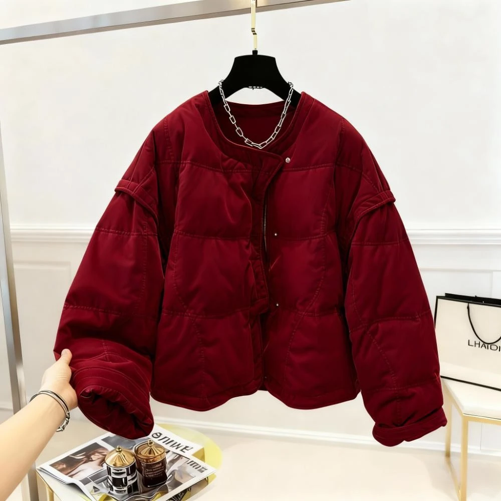 2025冬季新款老钱风红色时尚棉服保暖外套拼接时髦通勤小众面包服