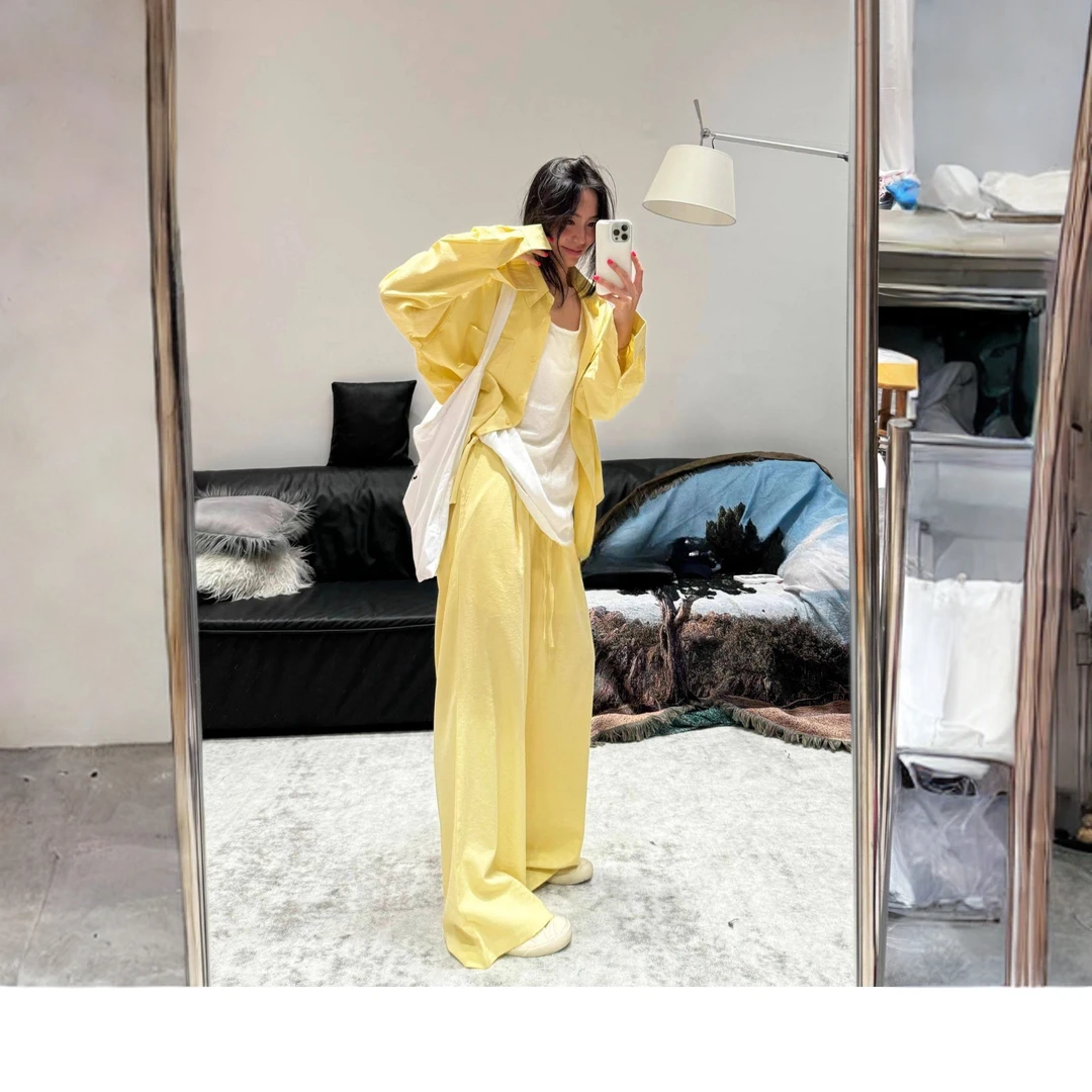 贵气老钱风黄色亚麻套装女2026年春季时尚减龄棉麻衬衫长裤两件套