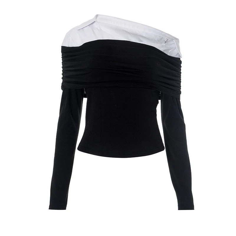 ZOU11/【特价 不退换】撞色斜领单肩拼接露肩黑色假两件长袖上衣女