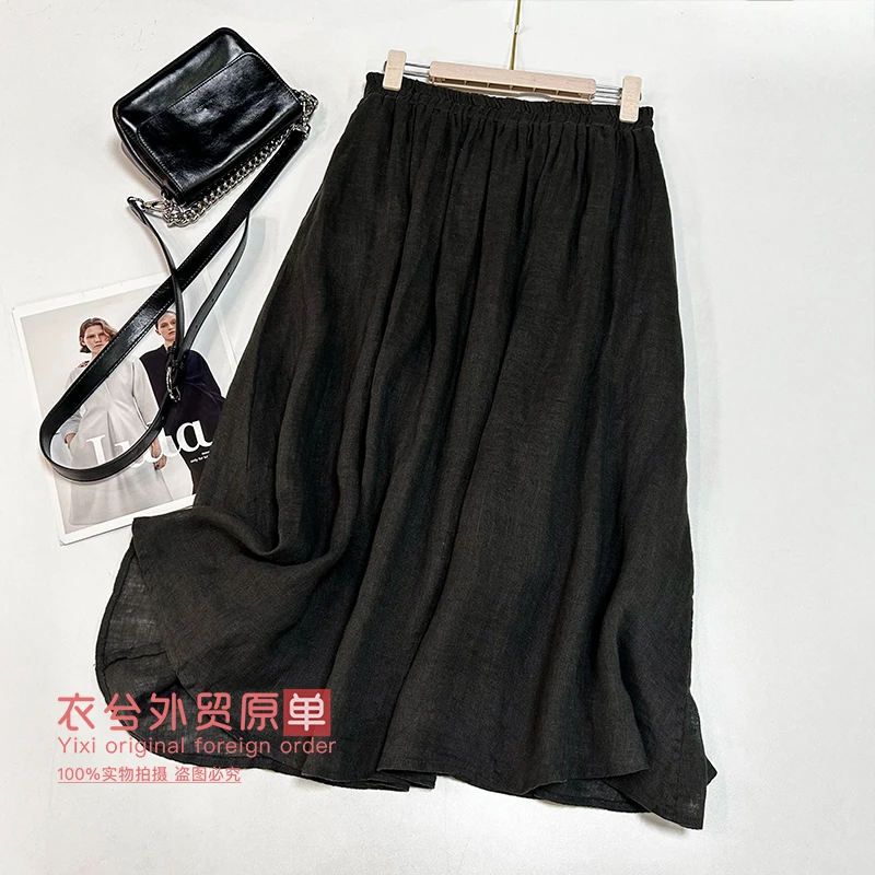 (松紧腰亚麻半身裙)6687简约舒适透气文艺百搭双层半身裙W