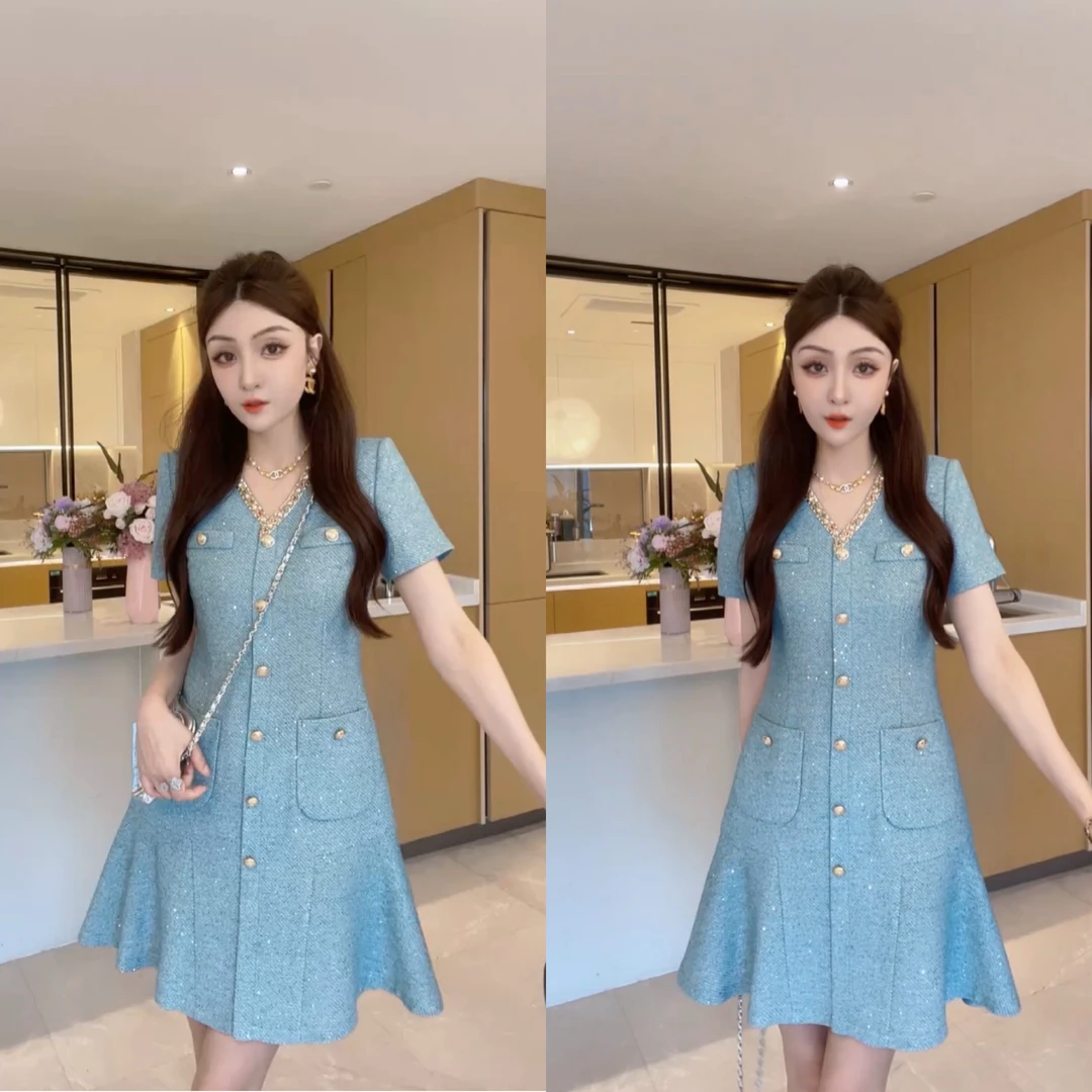 M9A86120  夏季新款短袖轻奢名媛显瘦法式修身连衣裙