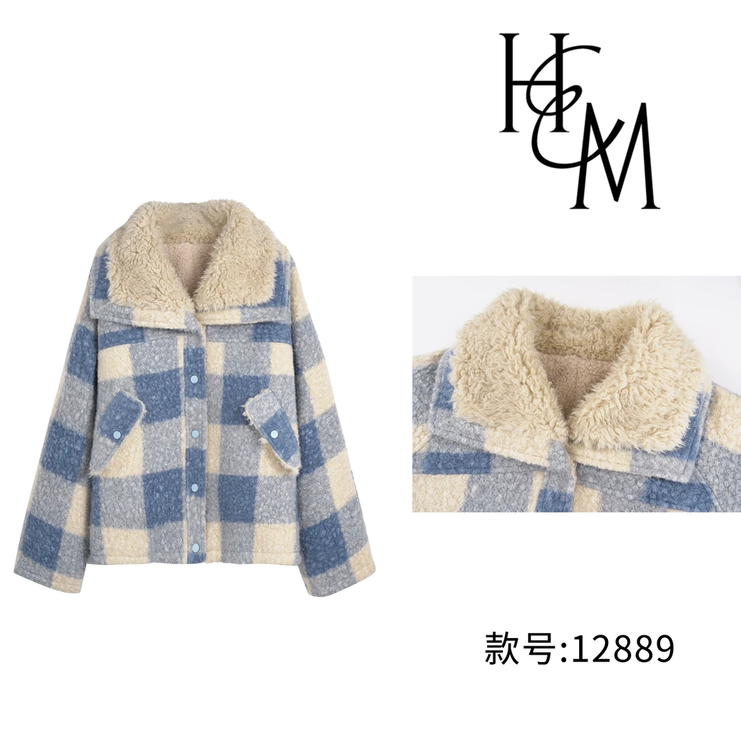 时尚设计师款冬季加绒保暖格子外套【12889】