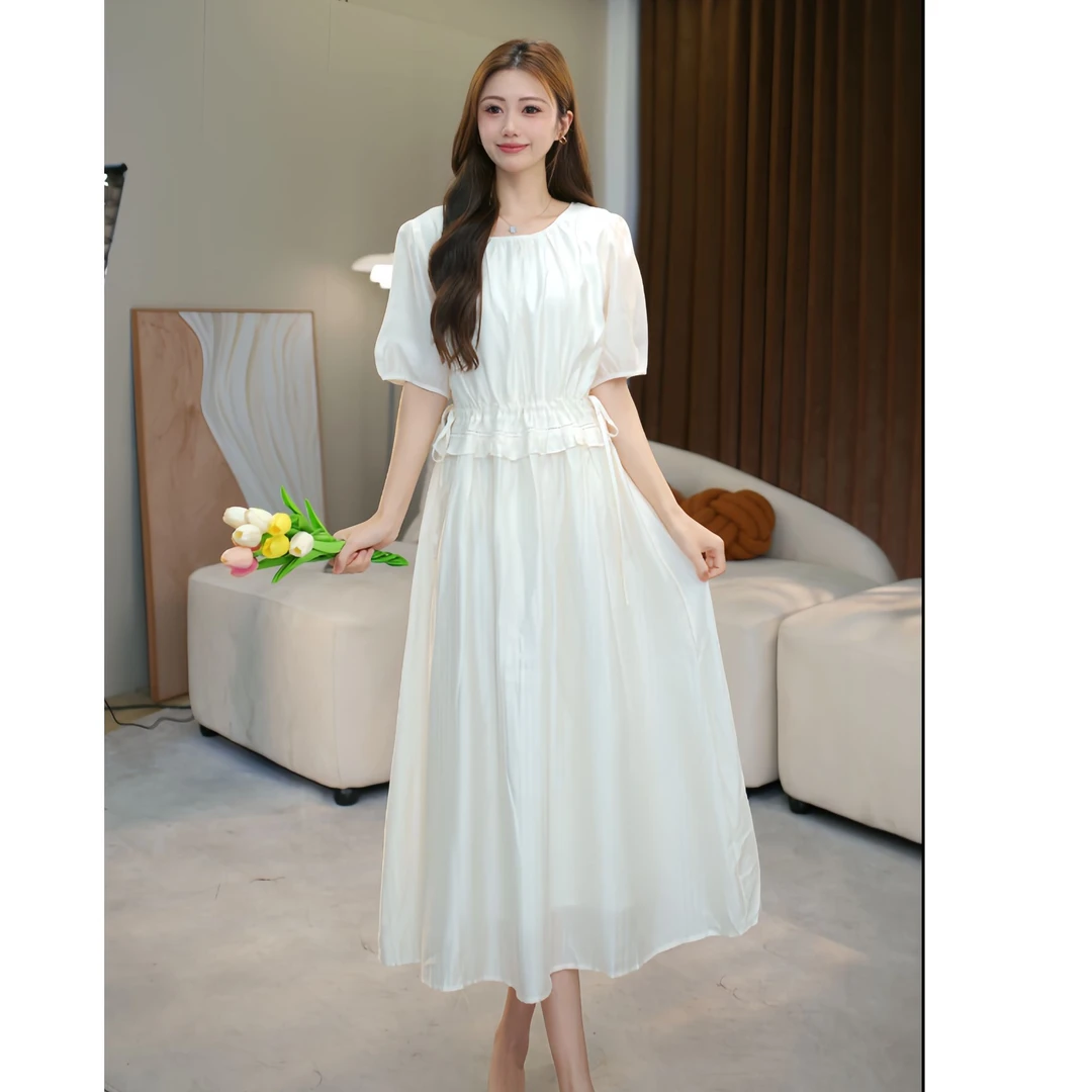 JOANOF2025长款连衣裙泡泡袖夏季收腰和纸纱裙子A8008