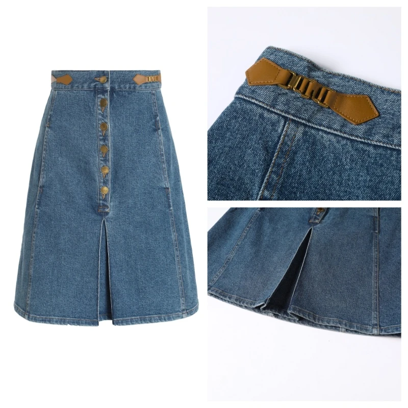 【李李推荐】单排扣金属装饰开叉 牛仔半身裙2000