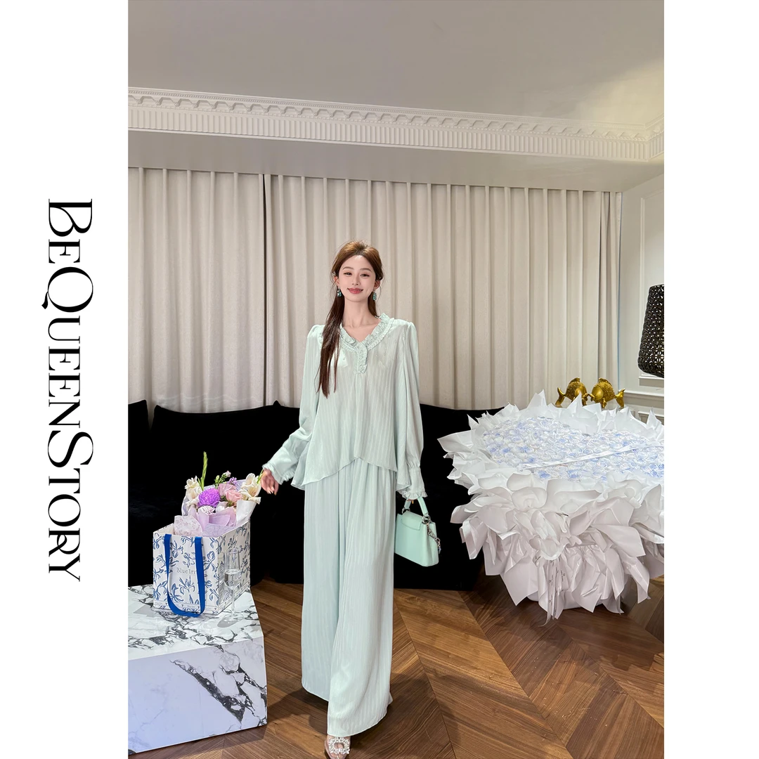 BeQueenStory【时光韵律】珠片装饰V领花边上衣&宽松阔腿裤2025新款