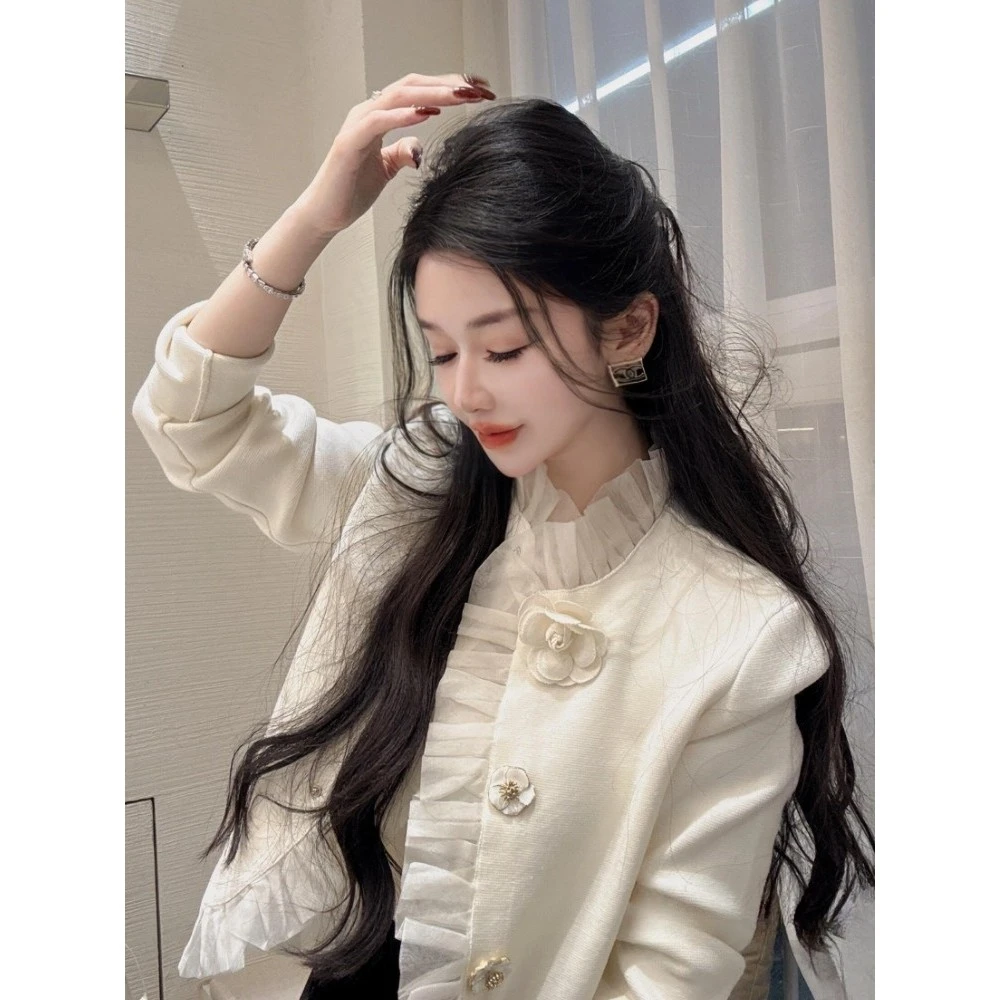 小香风白色立体花朵外套女2025秋季巨好看气质名媛木耳边短款上衣