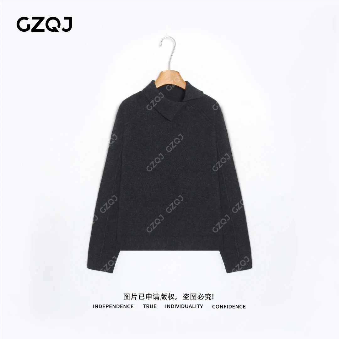 广州琴姐【翻领单扣】琥珀流光风100羊毛不规则针织衫毛衣女冬3624