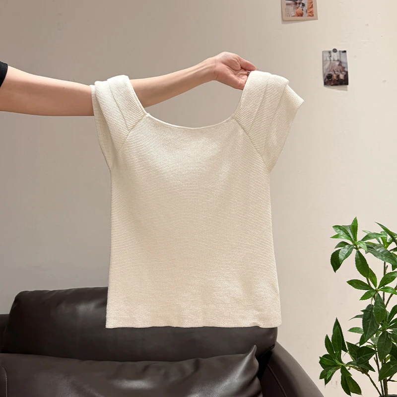 性感辣妹方领设计感针织短袖t恤女2025夏季新款独特漂亮小众上衣