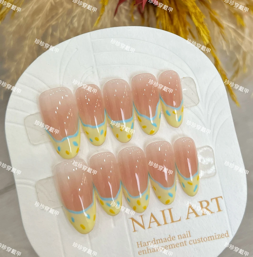 【百香果汁】珍珍手工穿戴甲纯欲风显白蓝边黄法式波点可拆卸美甲