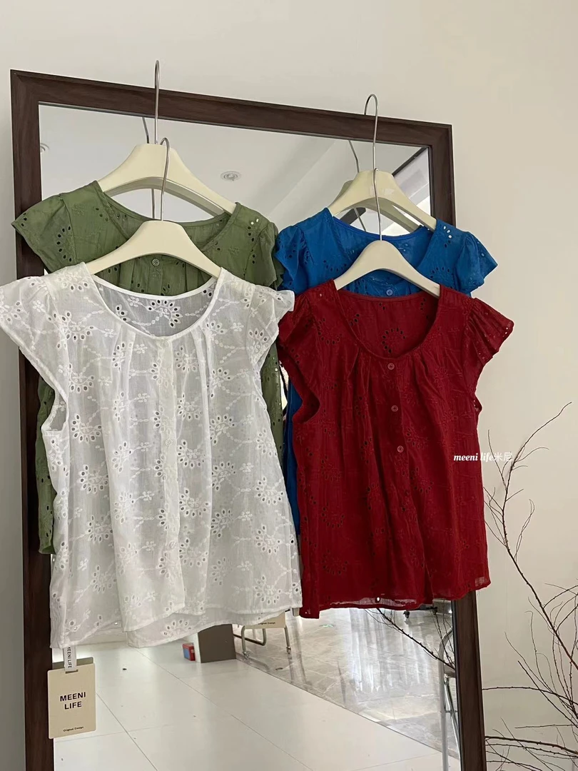 MEENI@A648 法式蕾丝镂空小飞袖娃娃衫 6-8