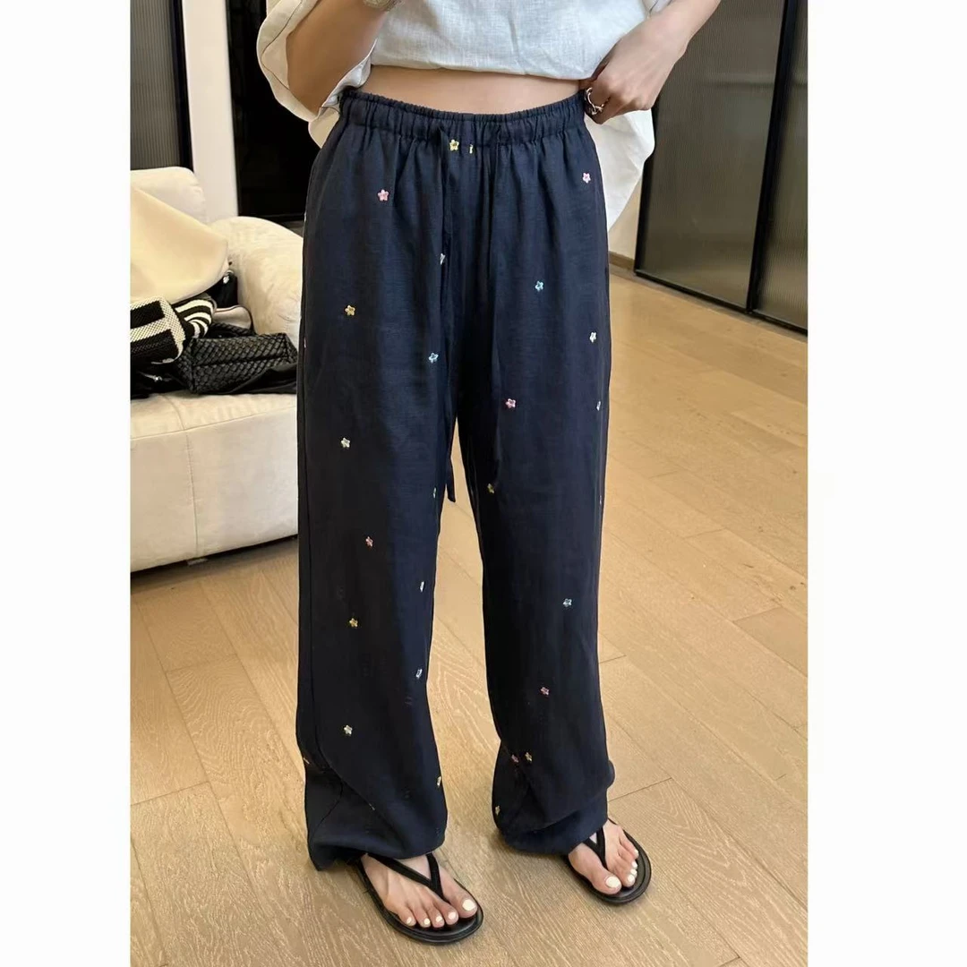 小静静一会【刺绣花朵亚麻裤】2025夏款松紧腰休闲裤 2504C2115