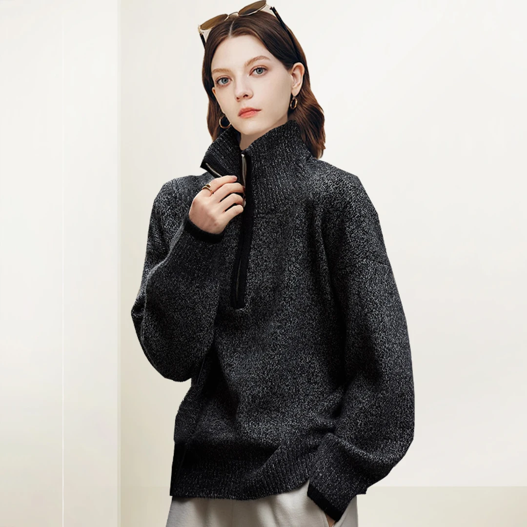 QOOEL复古半高领半拉链套头毛衣2025冬季新款灰色百搭打底针织衫