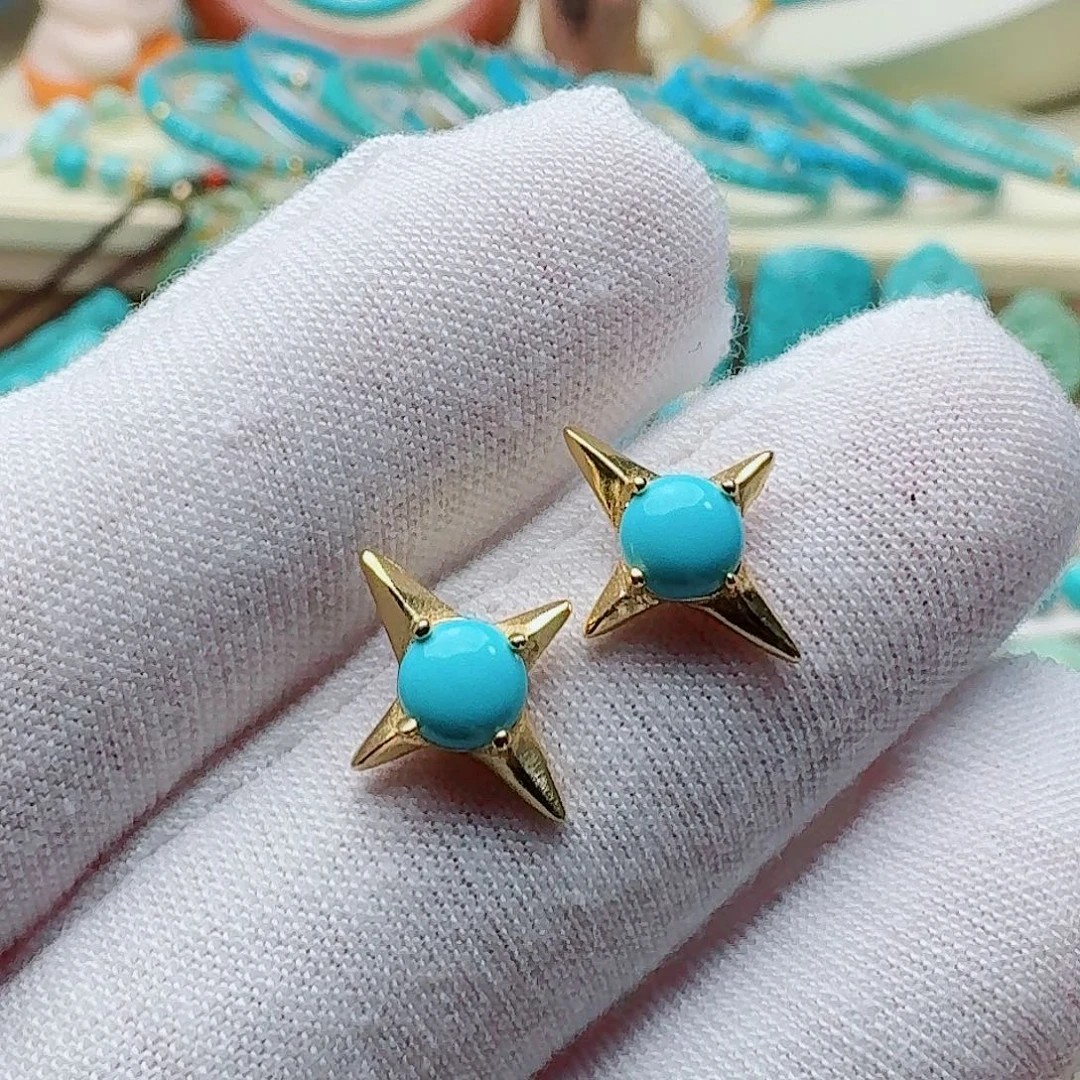 绿松石未镶嵌高瓷蓝个性款星星耳钉