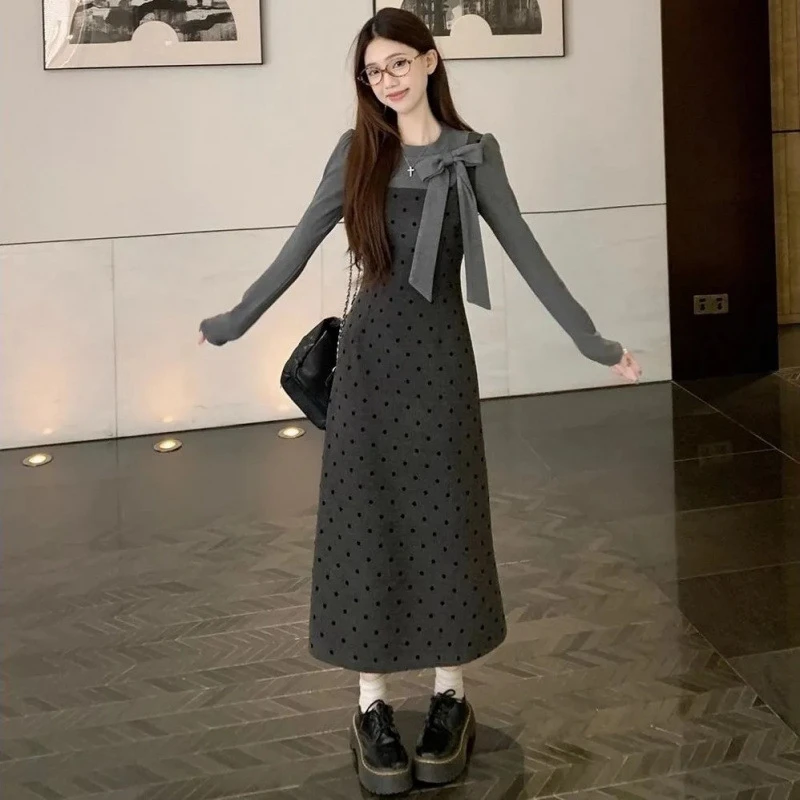 韩系假两件拼接结波点连衣裙2025春季新款收腰显瘦A字长裙女时尚