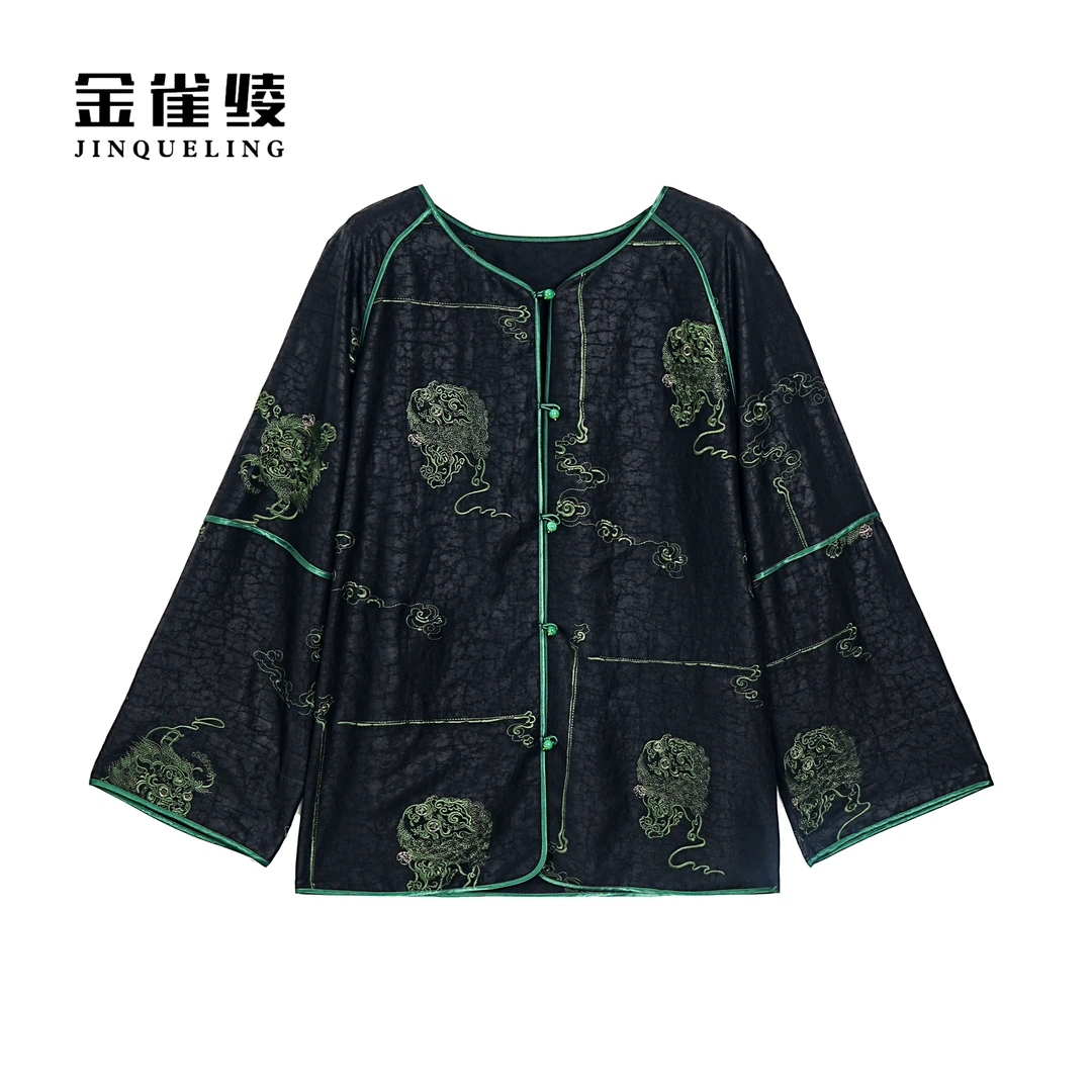 金雀绫【麒麟抱福】香云纱100桑蚕丝设计国潮大码女装外套SZA1T186