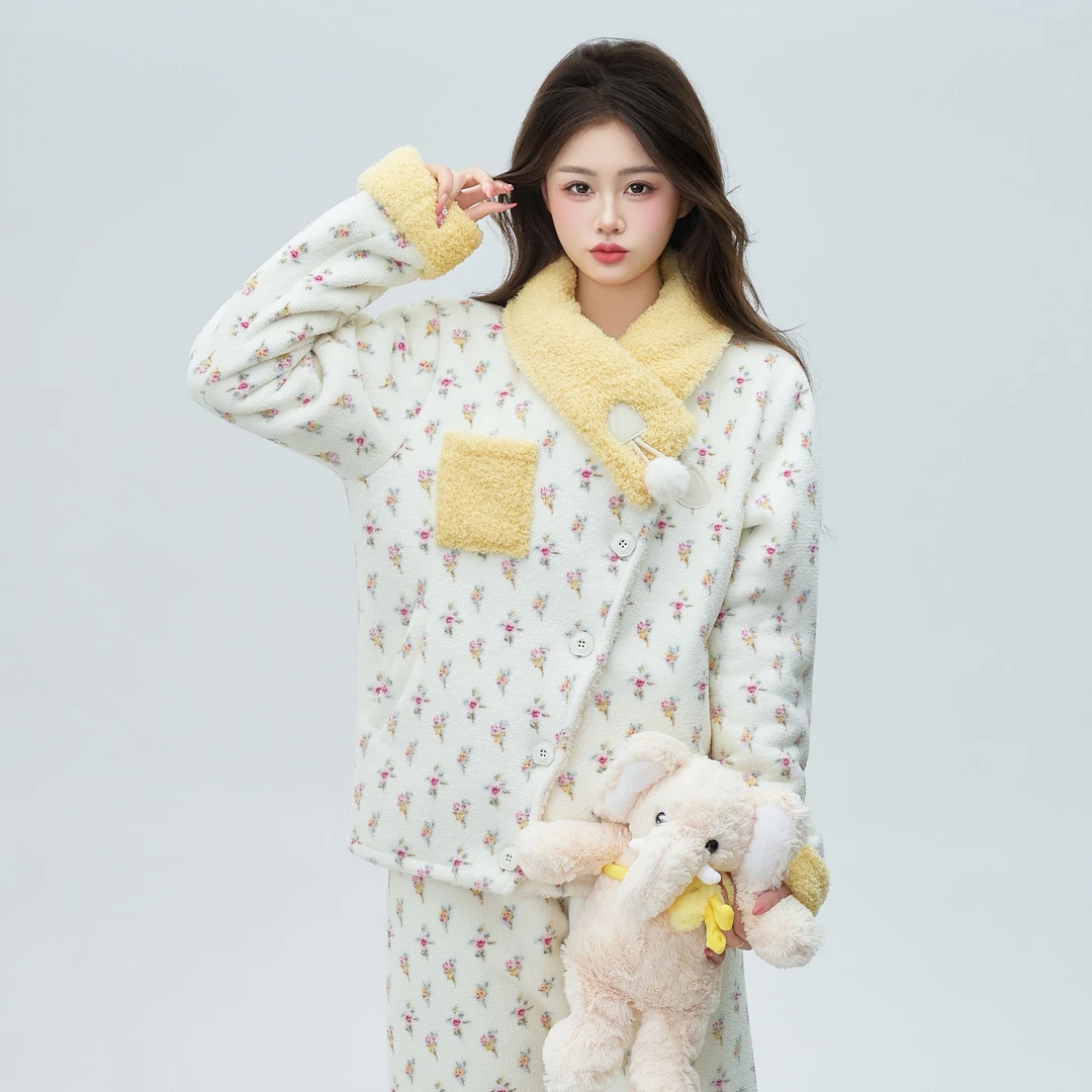 （小黄花）冬季加厚加绒甜美休闲睡衣女碎花气质保暖家居服外穿清新